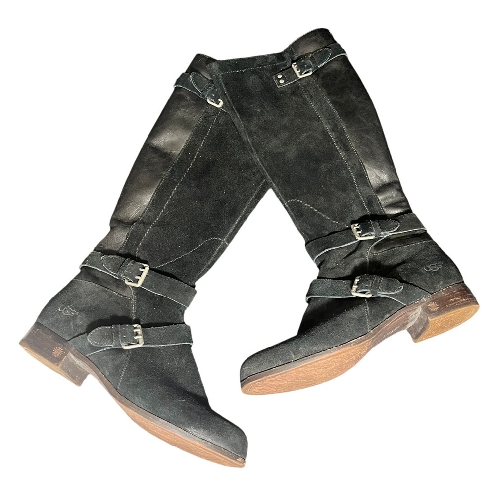 Ugg Cydnee Boots 8.5 Black Leather Knee High Buckle Sheepskin Shearling Stretch